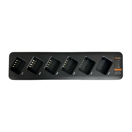 Front profile view of the Motorola PMLN8893A Mag One 6-pocket desktop multi-unit charger station.