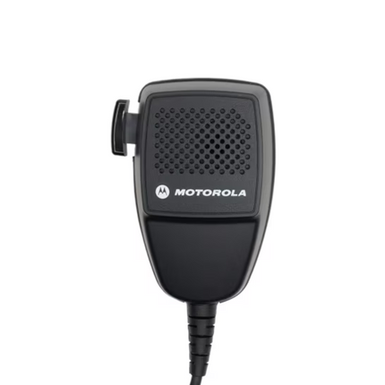 Front view of the Motorola PMMN4129A wideband compact mobile microphone with PTT button.