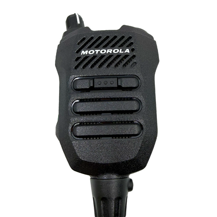 Front profile view of the Motorola PMMN4135BTAA XVP850 remote speaker microphone showing the channel knob and four mic grille.