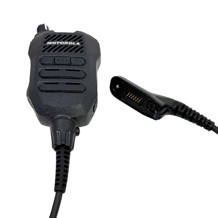 Motorola PMMN4135BTAA speaker mic illustrating the heavy duty clothing clip and coiled audio cable.
