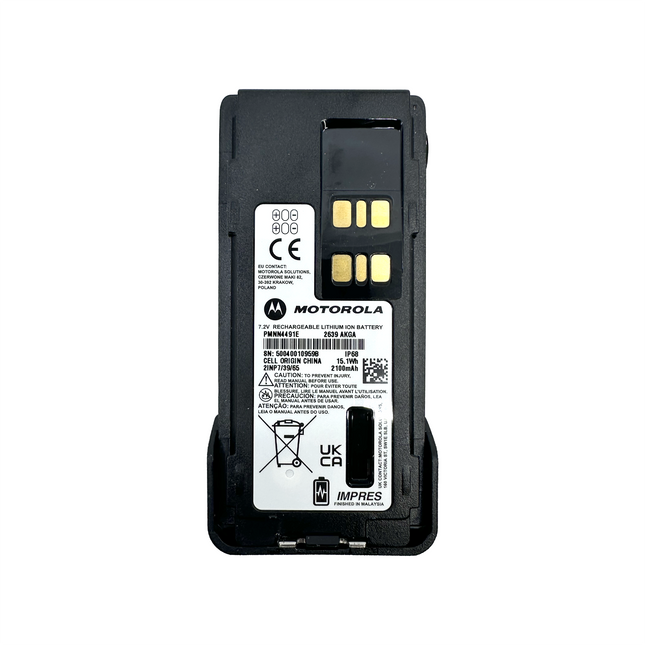 Rear contact pins and telemetry interface layout of the authentic Motorola PMNN4491E battery.