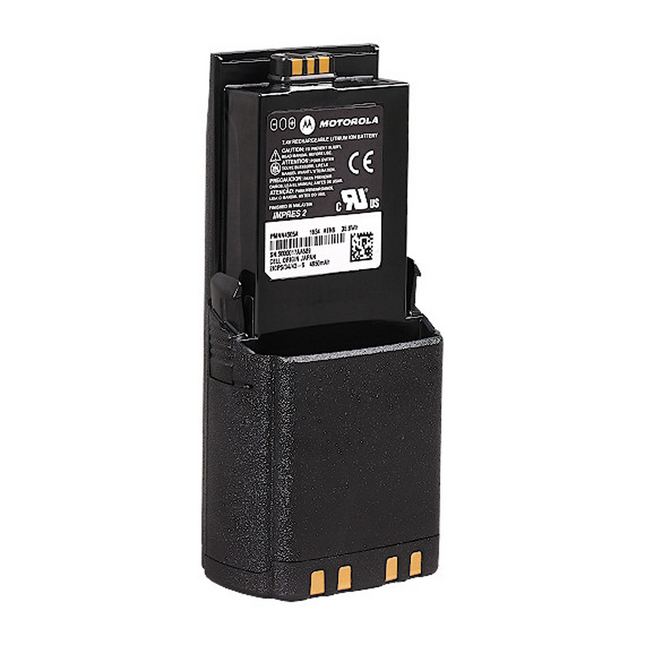 Rear view of the Motorola PMNN4505A 4850 mAh battery showing the heavy-duty structural guide rails and gold contacts.