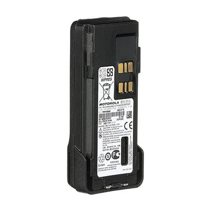 Rear angle profile of the Motorola PMNN4544A Two-Way Radio Battery for XPR7550e displaying the gold-plated charging rails.