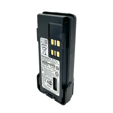 Rear angle profile of the Motorola PMNN4544A Two-Way Radio Battery for XPR7550e displaying the gold-plated charging rails.