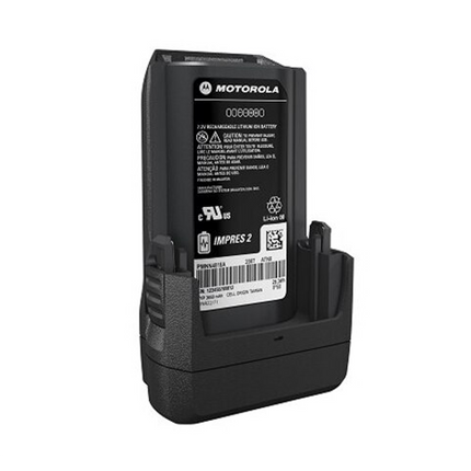 Rear view of Motorola PMNN4818A battery showing TIA4950 labeling and IMPRES 2 charging contacts.