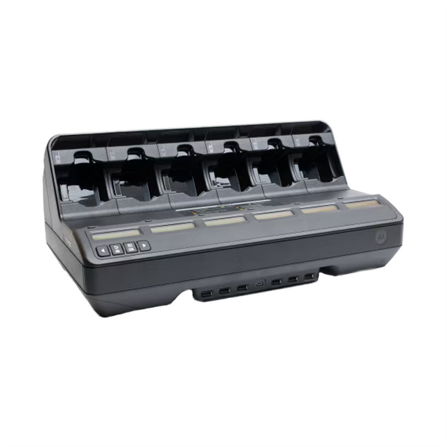 Angled look at the Motorola PMPN4591BTAA IMPRES 2 six way charging station highlighting the rear accessory USB ports.