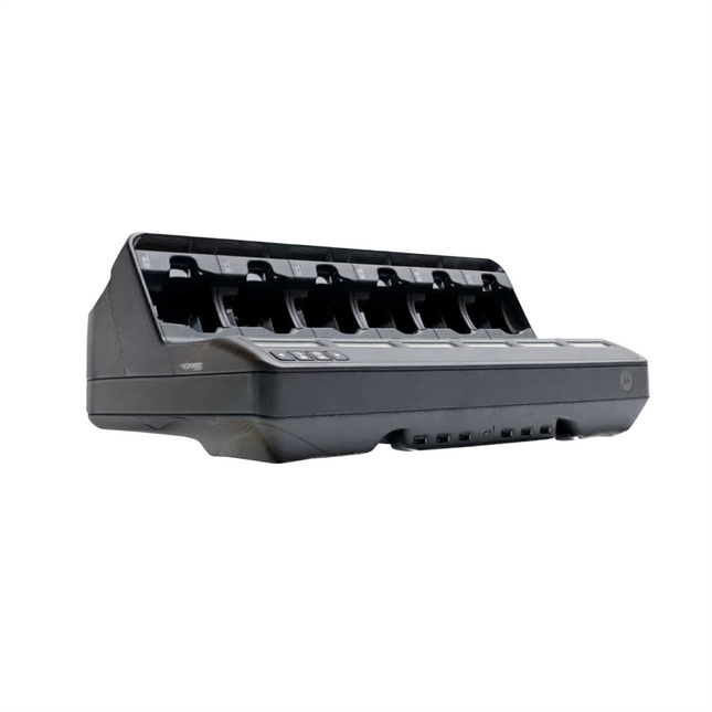 Front view of the Motorola PMPN4591BTAA TAA compliant multi unit charger showing six empty drop in bays and LCD screens.