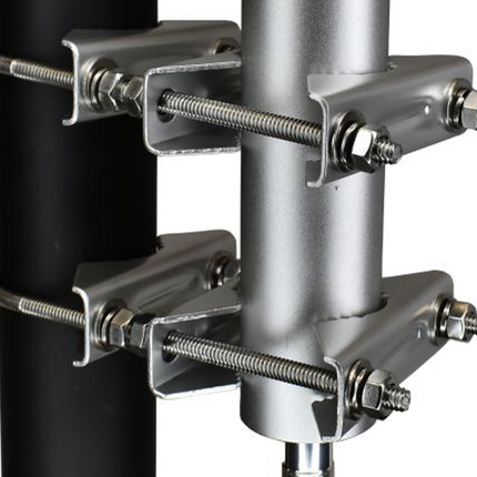 Close-up detail of Dacron steel clamp brackets and stainless steel hardware on the PR-BMK mount.