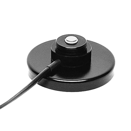 PCTEL RBGPLI black NMO magnetic mount assembly showing the round magnet base and integrated 12-foot coaxial cable.