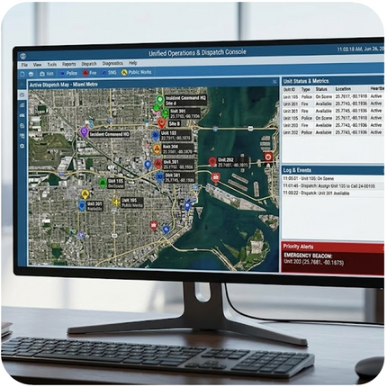 User interface display of the Icom RCFS20 IP Dispatch Software showing multiple radio channels and system logs.