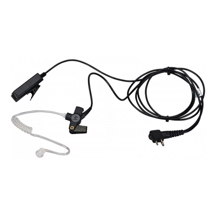 Front view of the Motorola RLN5318A black 2-wire comfort earpiece with inline microphone and PTT switch.