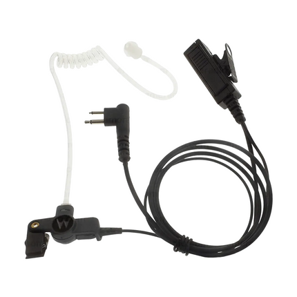 Detail of the clear acoustic tube and rubber ear tip on the Motorola RLN5318A surveillance earpiece.
