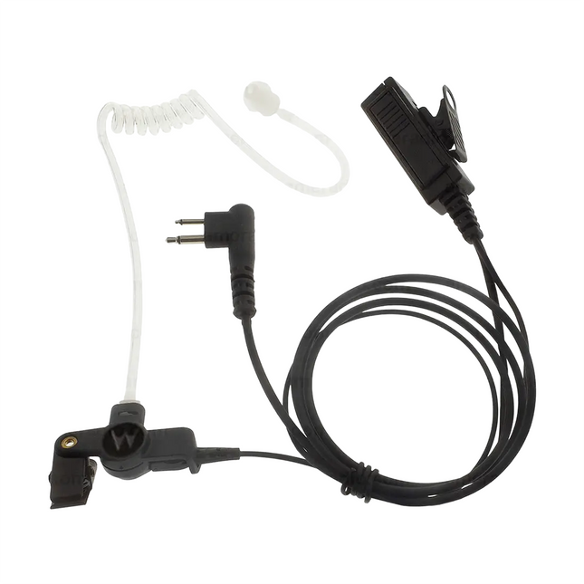 Detail of the clear acoustic tube and rubber ear tip on the Motorola RLN5318A surveillance earpiece.