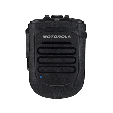 Motorola RLN6544A Wireless Remote Speaker Microphone showing the large recessed push-to-talk button and task light.