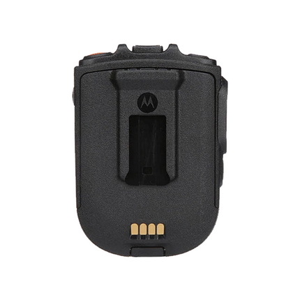 Rear view of Motorola RLN6544A Wireless Remote Speaker Microphone with its integrated 360-degree rotatable swivel clip.
