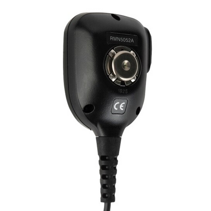 back profile showing the coiled cable and PTT switch on the black Motorola RMN5052A compact microphone.