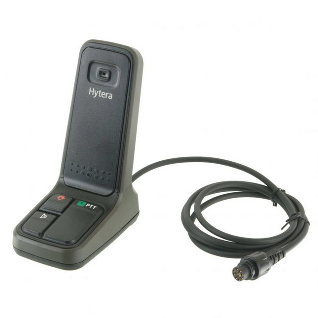 Side profile showing the weighted desktop chassis and 10-pin aviation connector of the Hytera SM10A1.