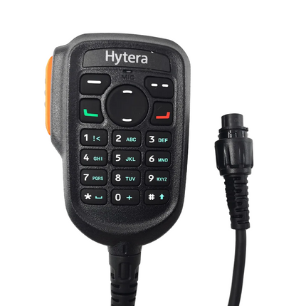 Close-up detail of the 10-pin aviation connector and coiled cable on the Hytera SM19A1 microphone.