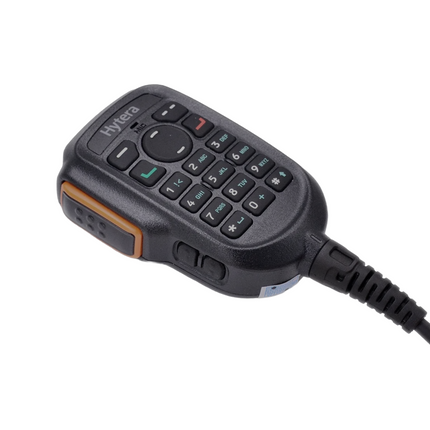 Side profile view showing the PTT button and ergonomic grip on the Hytera SM19A1 palm mic.
