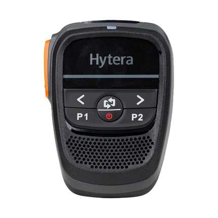 Front view of the Hytera SM27W2 Bluetooth remote speaker microphone showing the large push to talk button.