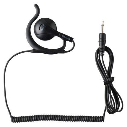 Side profile showing the 1050mm coiled audio cable on the Icom SP29 earphone.