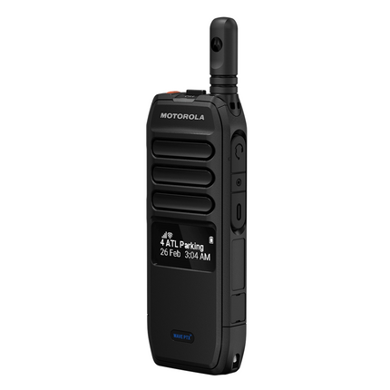 Side profile showing the 2.5mm locking audio jack and belt clip on Motorola TLK 200.