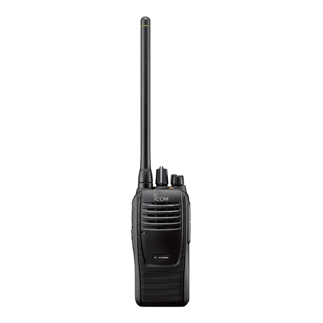 Front view of the compact Icom V10MR VHF MURS license-free portable two-way radio.