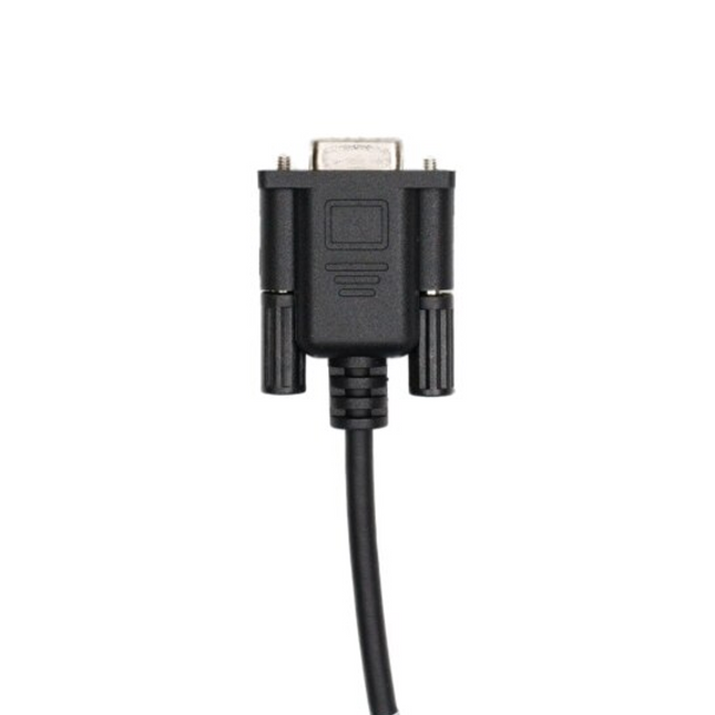 Full view of the black Motorola WPLN6905B keyload RS-232 data interface cable assembly.