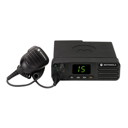 Front view of the Motorola XPR5350e and XPR5380e MOTOTRBO mobile two-way radios with hand microphone.