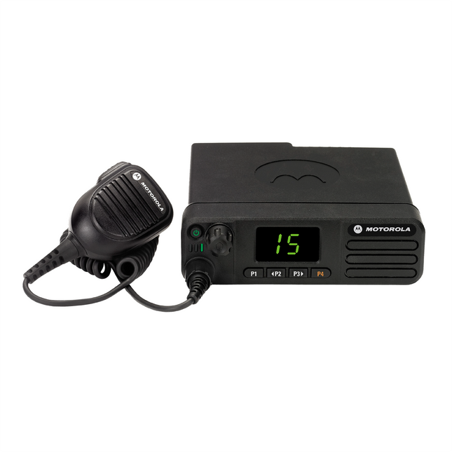 Front view of the Motorola XPR5350e and XPR5380e MOTOTRBO mobile two-way radios with hand microphone.
